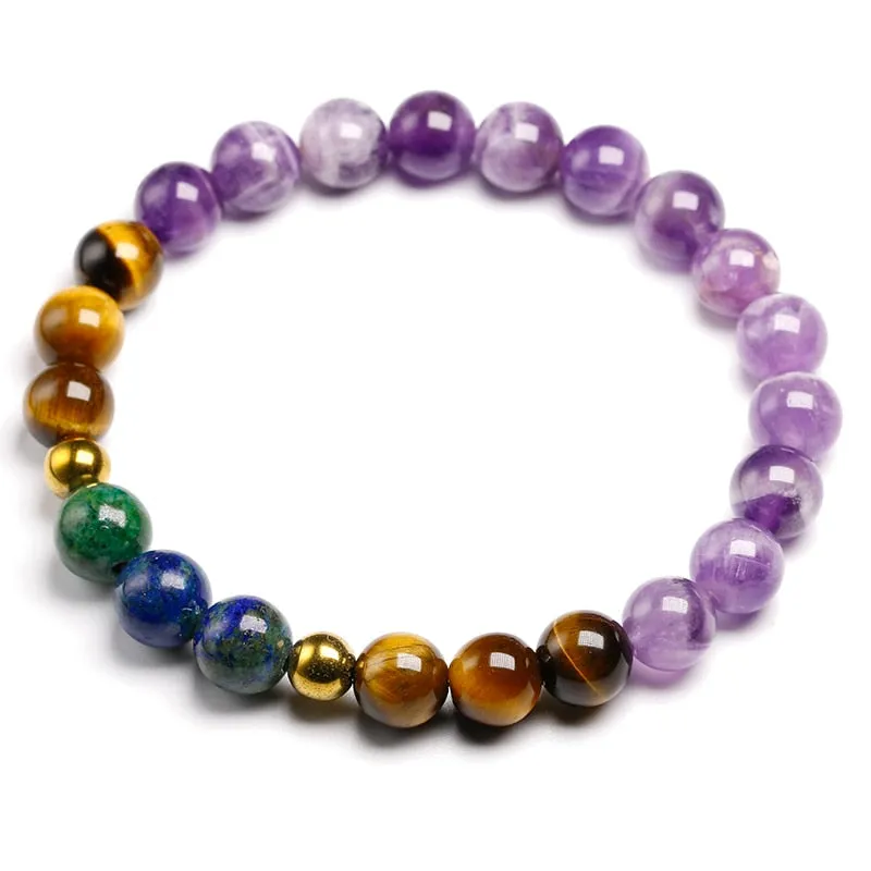 Natural Amethyst Stone Jewelry Sets Tigers Eye, 108 Beads Necklace Chrysocolla Azurite with 6MM Hematite Bracelet Women Men