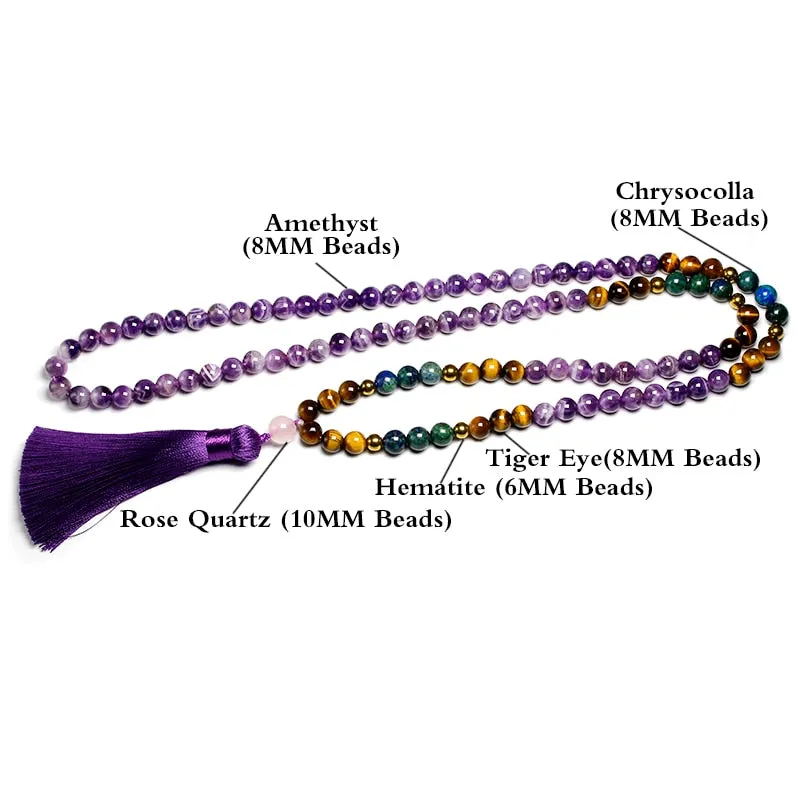 Natural Amethyst Stone Jewelry Sets Tigers Eye, 108 Beads Necklace Chrysocolla Azurite with 6MM Hematite Bracelet Women Men