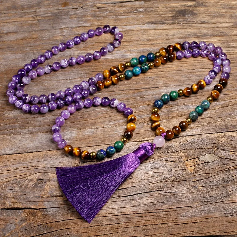 Natural Amethyst Stone Jewelry Sets Tigers Eye, 108 Beads Necklace Chrysocolla Azurite with 6MM Hematite Bracelet Women Men