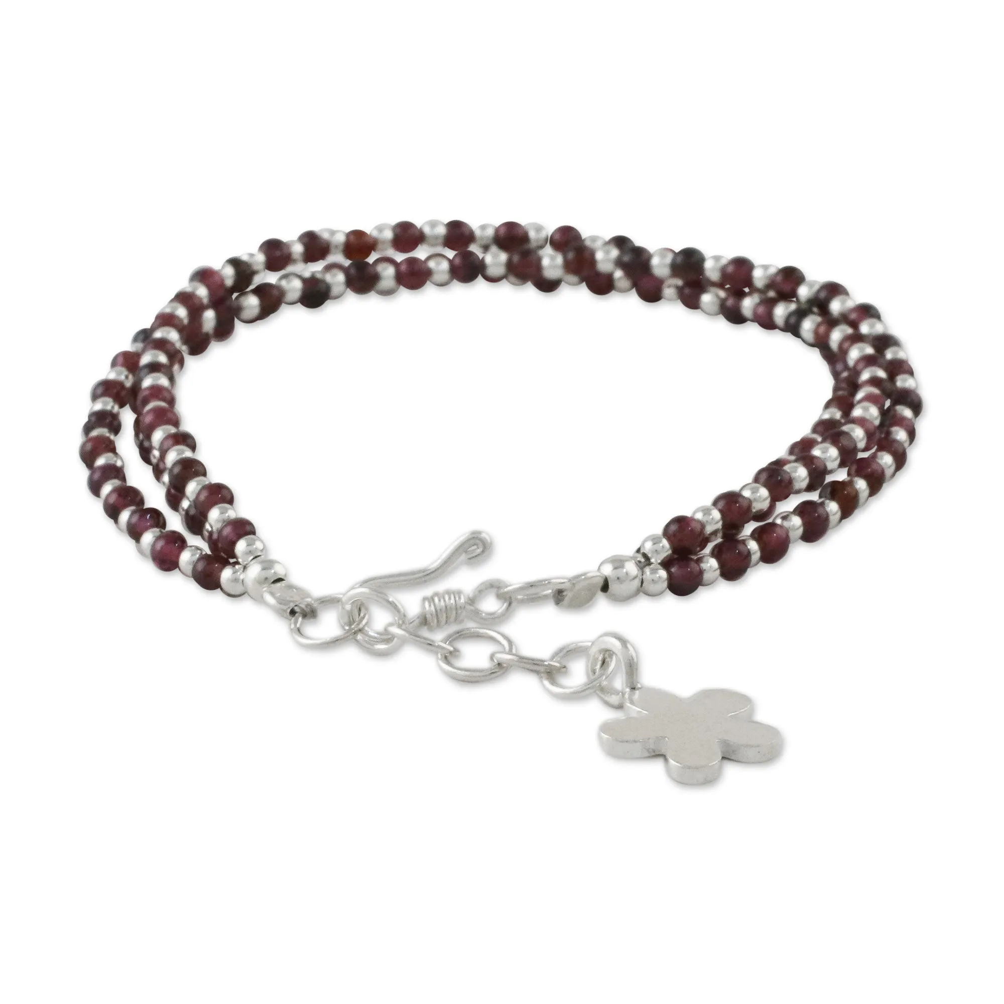 Natural Joy Karen Silver and Garnet Beaded Bracelet from Thailand