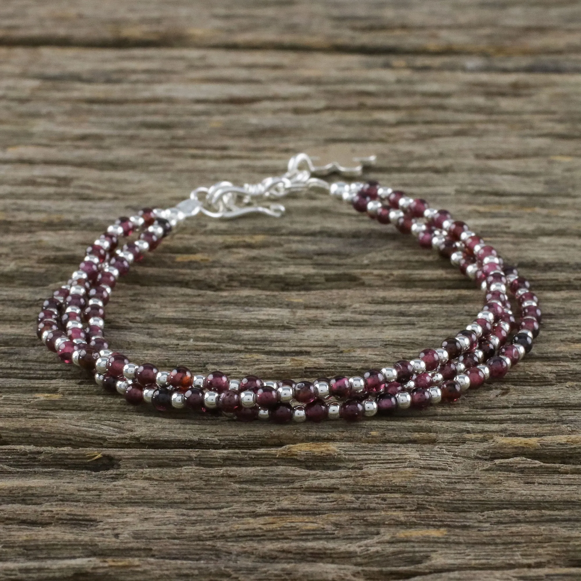 Natural Joy Karen Silver and Garnet Beaded Bracelet from Thailand