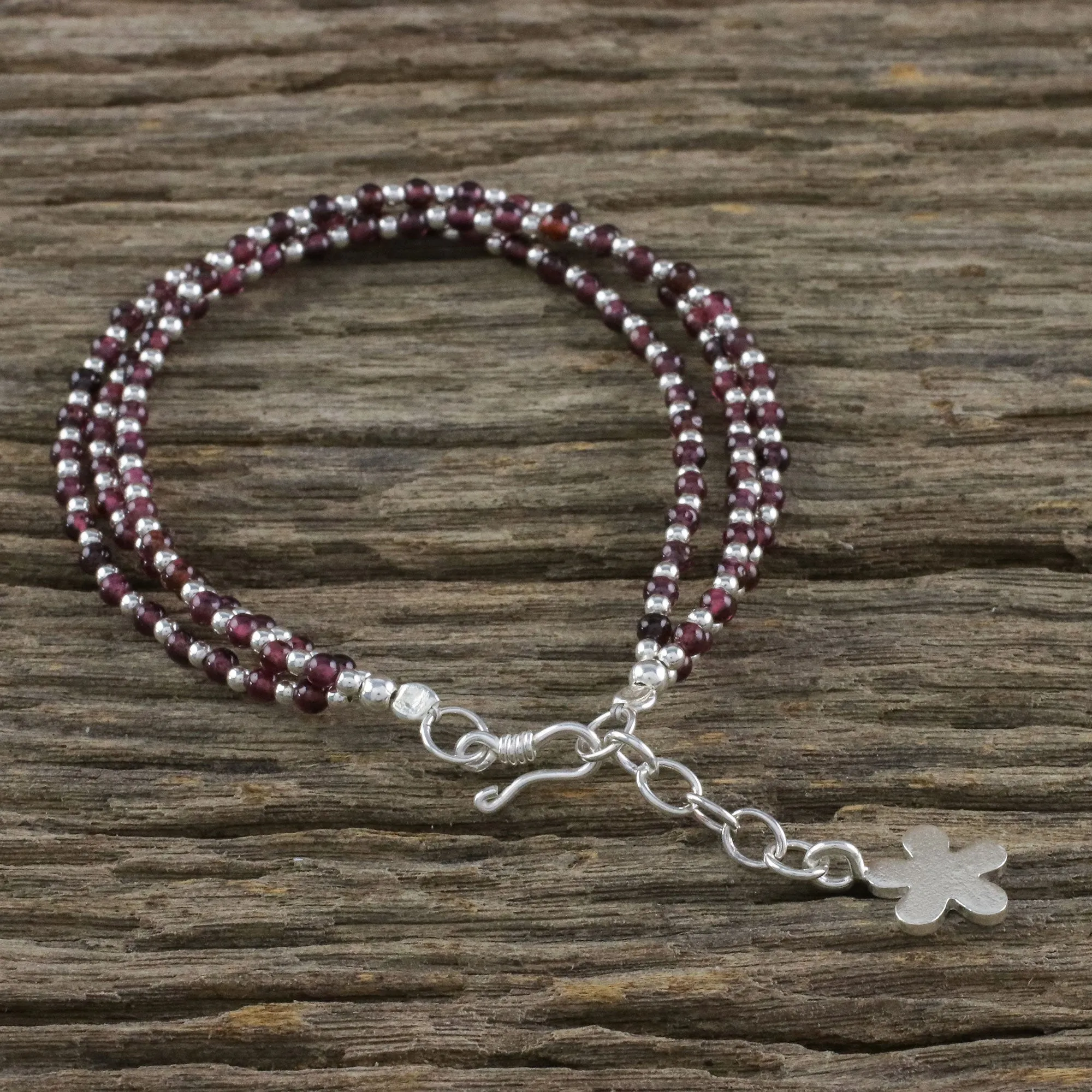 Natural Joy Karen Silver and Garnet Beaded Bracelet from Thailand