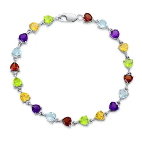 Natural Multicolor Gemstone Heart Tennis Bracelet Sterling Silver 7 Inch