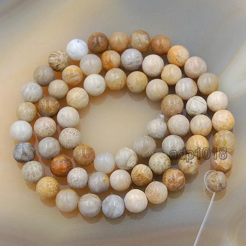 Natural Yellow Coral Fossil Gemstone Round Loose Beads on a 15.5" Strand