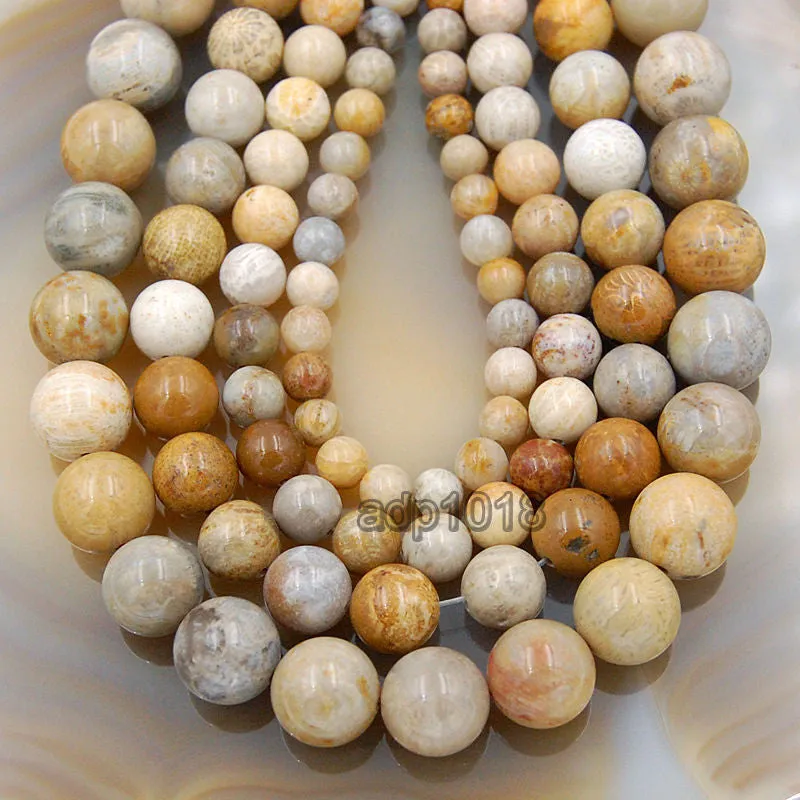 Natural Yellow Coral Fossil Gemstone Round Loose Beads on a 15.5" Strand