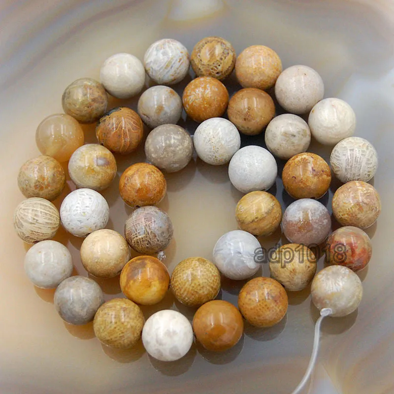 Natural Yellow Coral Fossil Gemstone Round Loose Beads on a 15.5" Strand