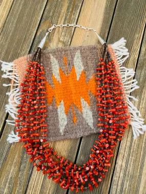 Navajo Red Coral & Heishi Six Strand Beaded Necklace