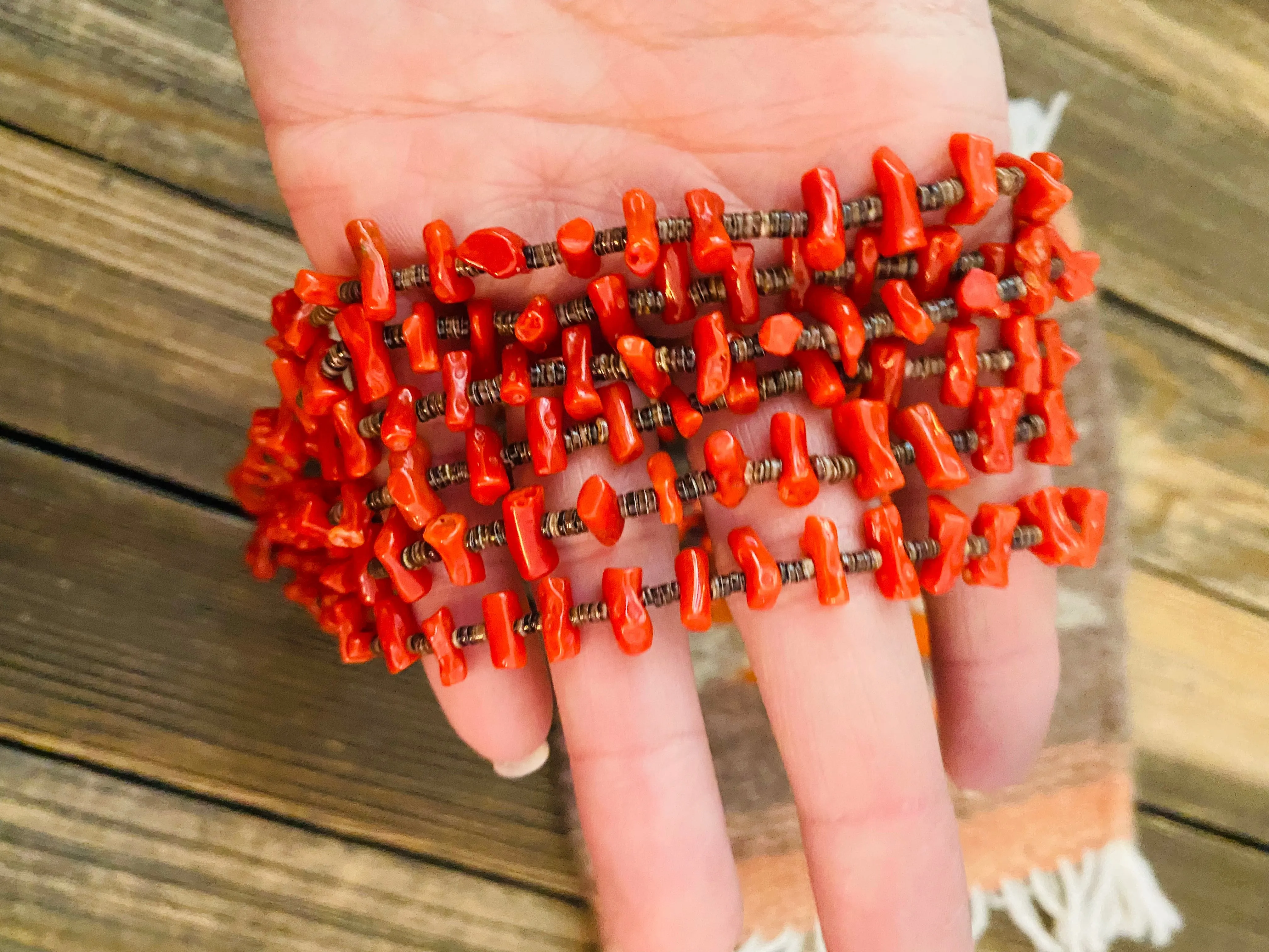 Navajo Red Coral & Heishi Six Strand Beaded Necklace