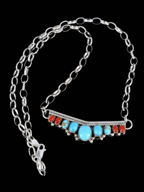 Navajo Turquoise and Coral Link Chain Necklace