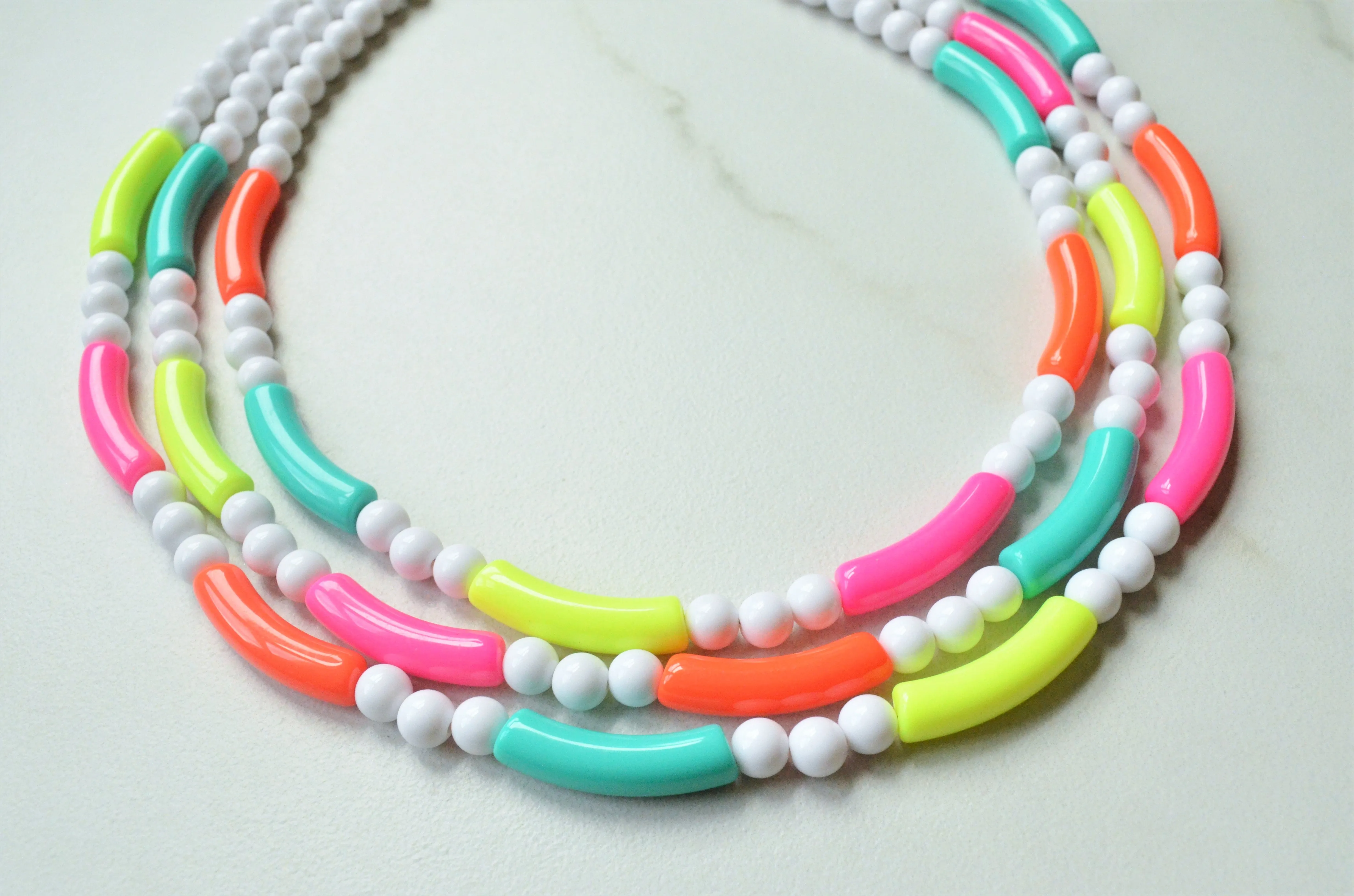 Neon White Acrylic Bead Multi Color Lucite Statement Necklace - Tanya