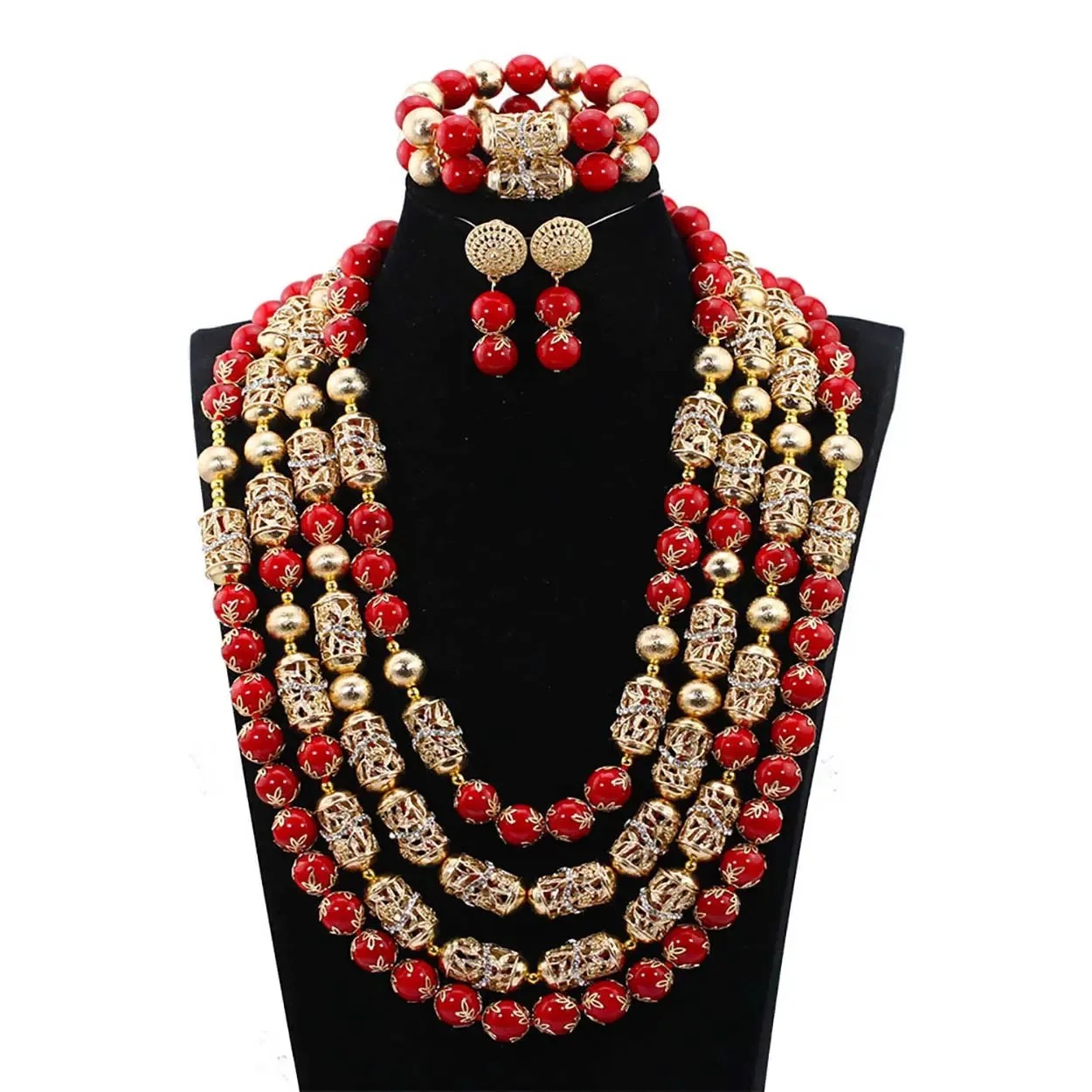 New Design Red Elegant embellished with Gold Balls Bridal Party Jewellery Set