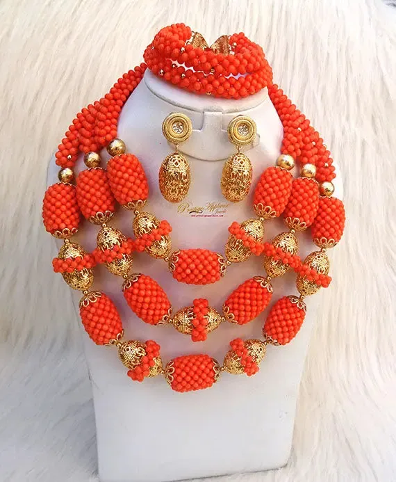 New Latest Design Original Traditional Coral with Gold Accessories Party Bridal Wedding Beads Jewellery Set