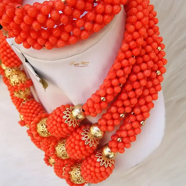 New Latest Design Original Traditional Coral with Gold Accessories Party Bridal Wedding Beads Jewellery Set