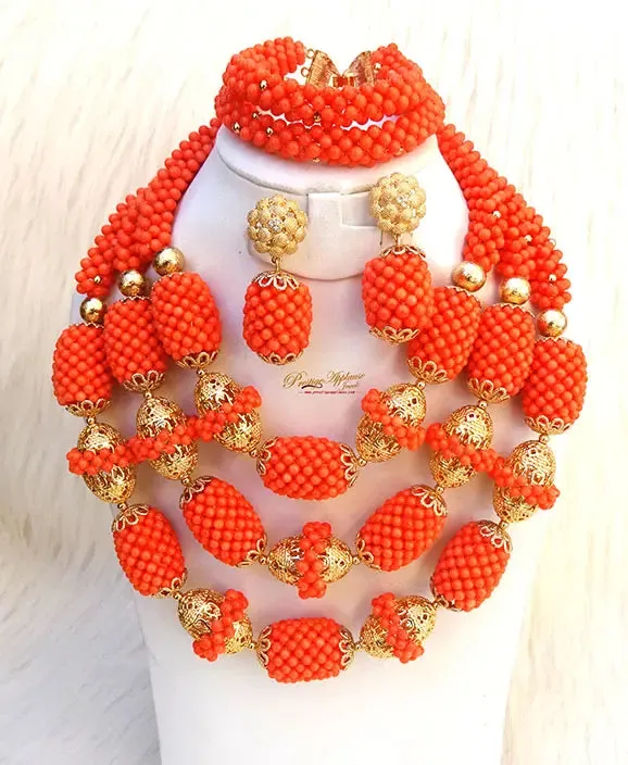 New Latest Design Original Traditional Coral with Gold Accessories Party Bridal Wedding Beads Jewellery Set