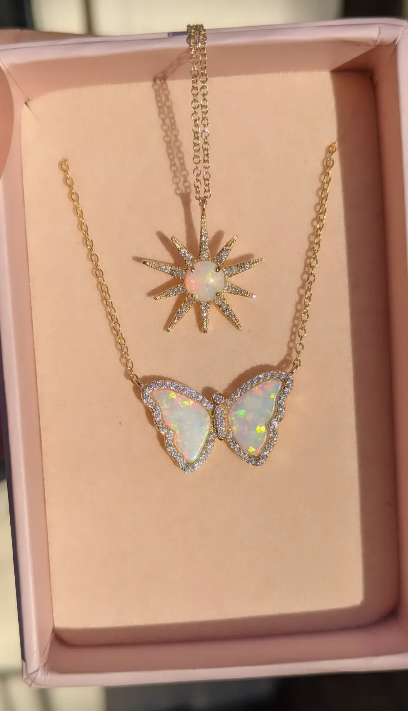 Opal Starburst Necklace With Diamonds in 14k Gold