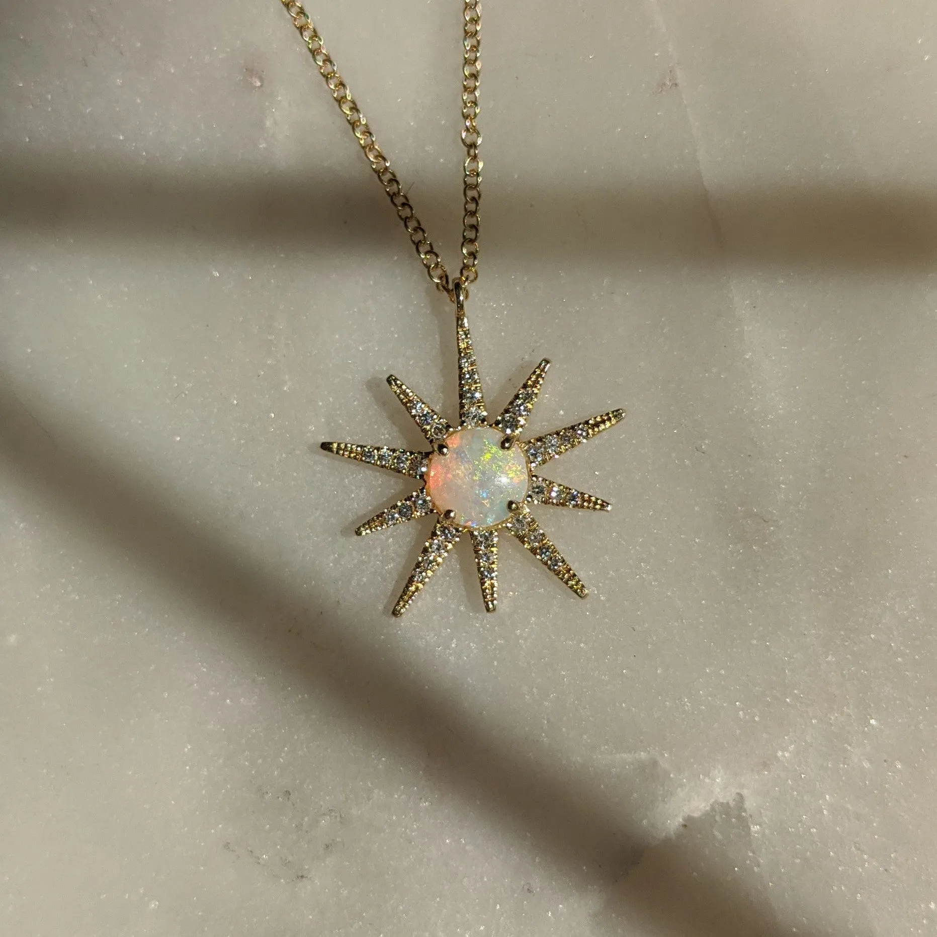 Opal Starburst Necklace With Diamonds in 14k Gold