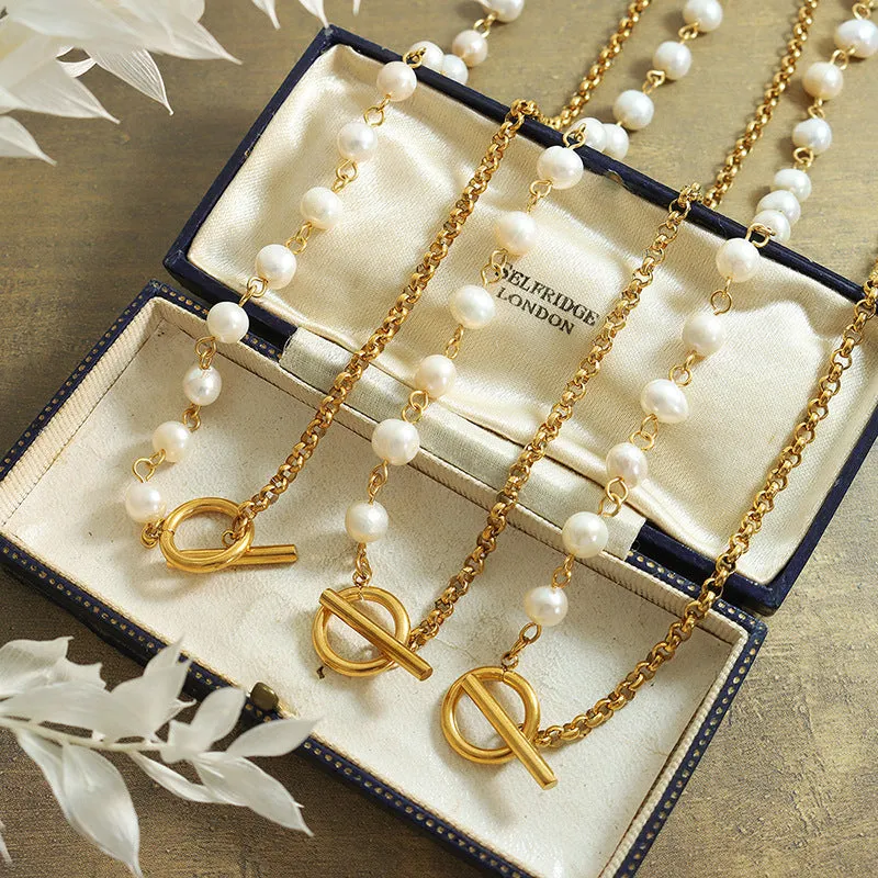 OT Clasp Half Pearl Half Chain Necklace Bracelet Set