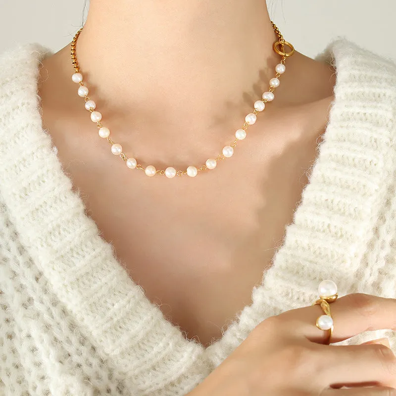 OT Clasp Half Pearl Half Chain Necklace Bracelet Set