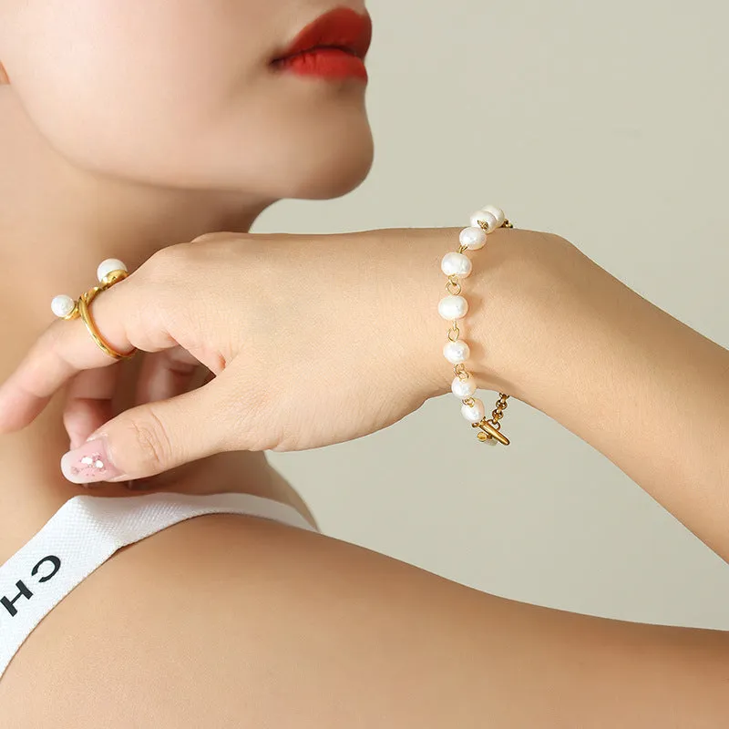 OT Clasp Half Pearl Half Chain Necklace Bracelet Set