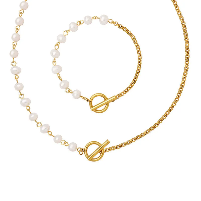 OT Clasp Half Pearl Half Chain Necklace Bracelet Set