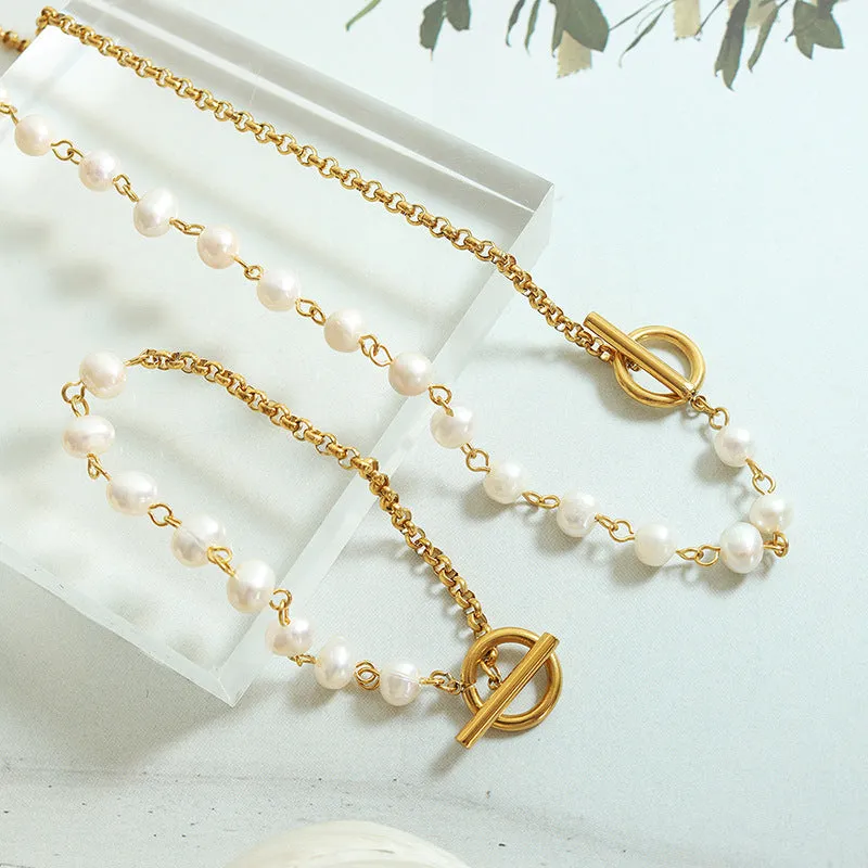 OT Clasp Half Pearl Half Chain Necklace Bracelet Set