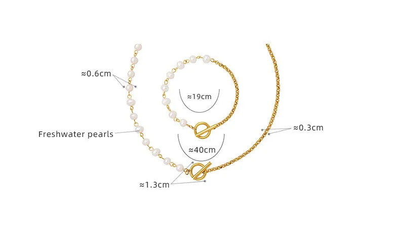 OT Clasp Half Pearl Half Chain Necklace Bracelet Set