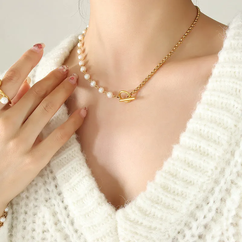 OT Clasp Half Pearl Half Chain Necklace Bracelet Set