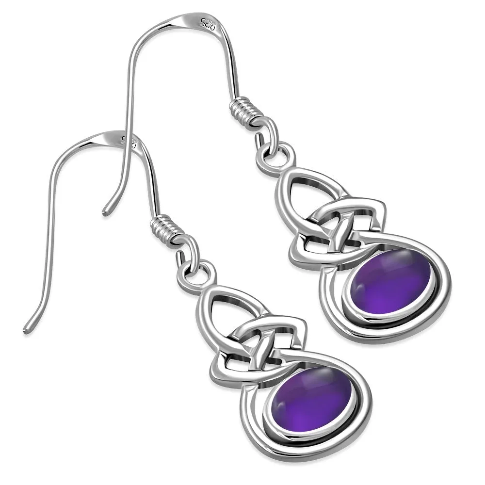 Oval Amethyst Stone Celtic Knot Silver Earrings