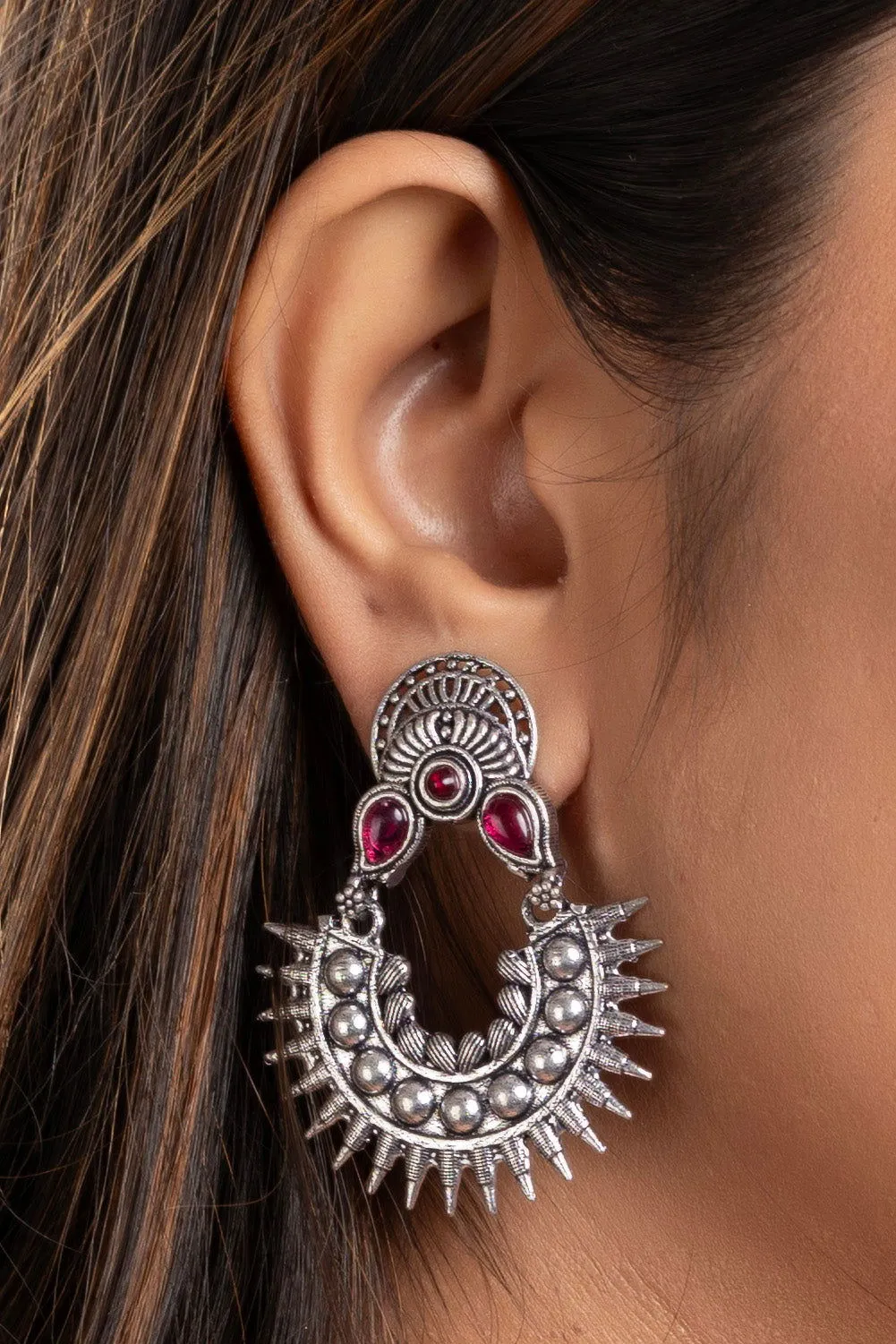 Oxidized Silver Pink Stud Chandbali Earrings - Non-Allergic, Ideal for All Occasions