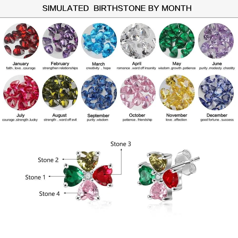 Personalized Stud Flower Earrings for Women with Customized 4 Heart Birthstones