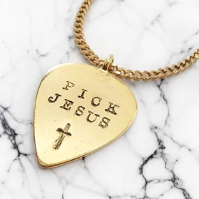 Pick Jesus Cross Gold Metal Finish Guitar Pick Pendant Gold Finish Chain Necklace