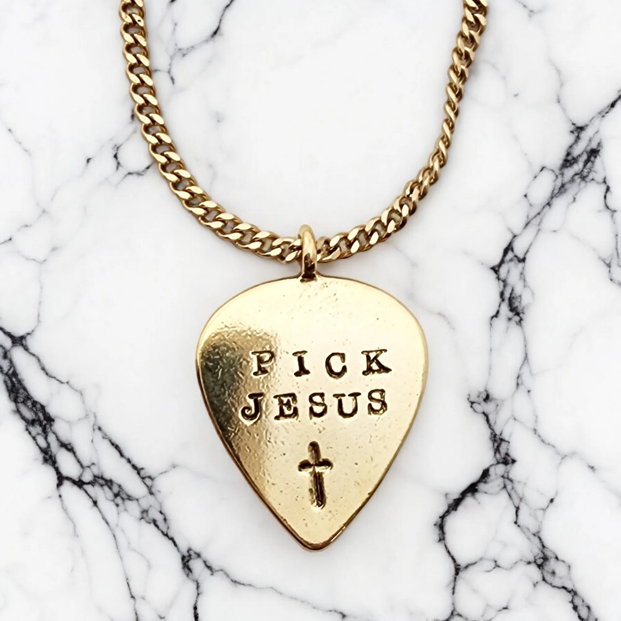 Pick Jesus Cross Gold Metal Finish Guitar Pick Pendant Gold Finish Chain Necklace