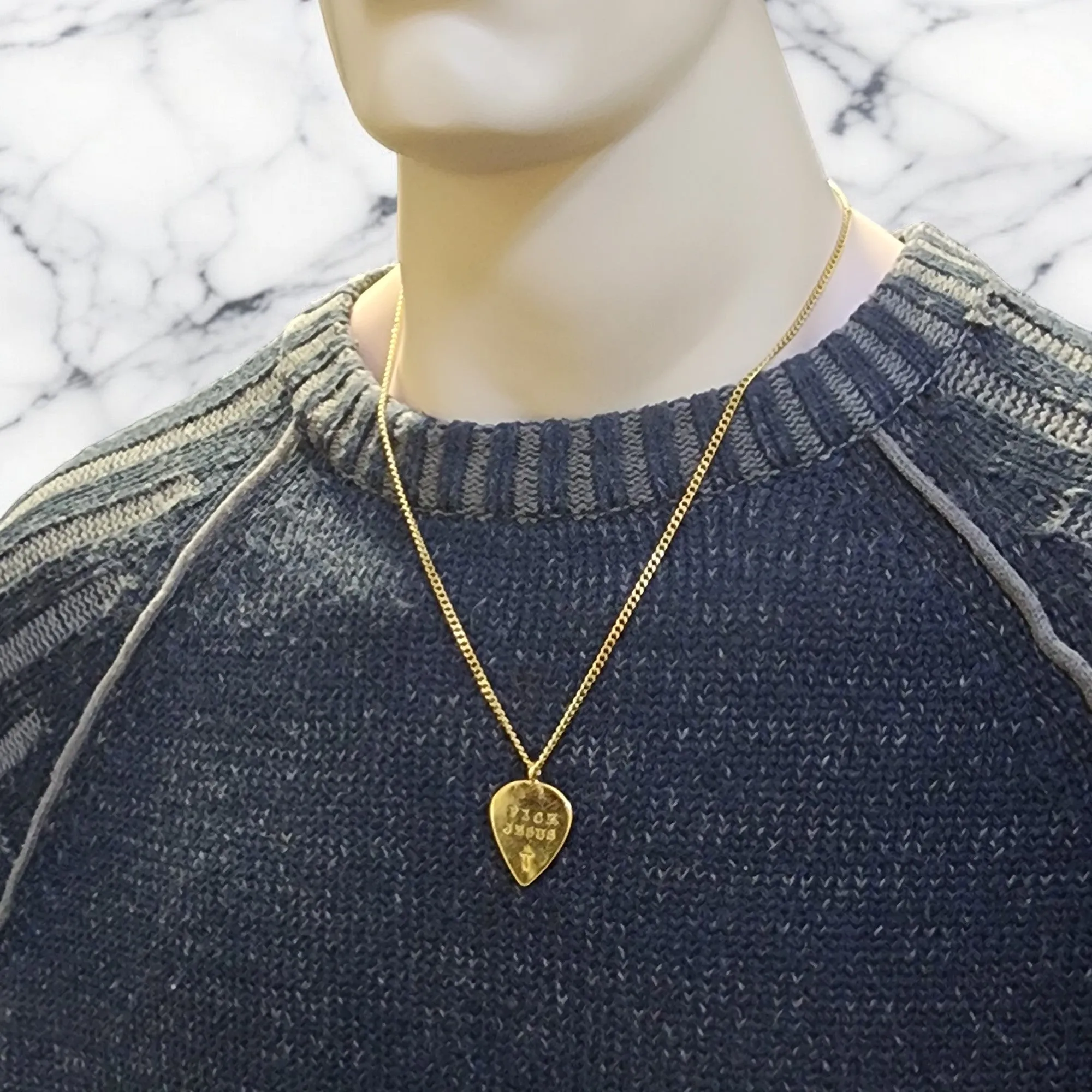 Pick Jesus Cross Gold Metal Finish Guitar Pick Pendant Gold Finish Chain Necklace