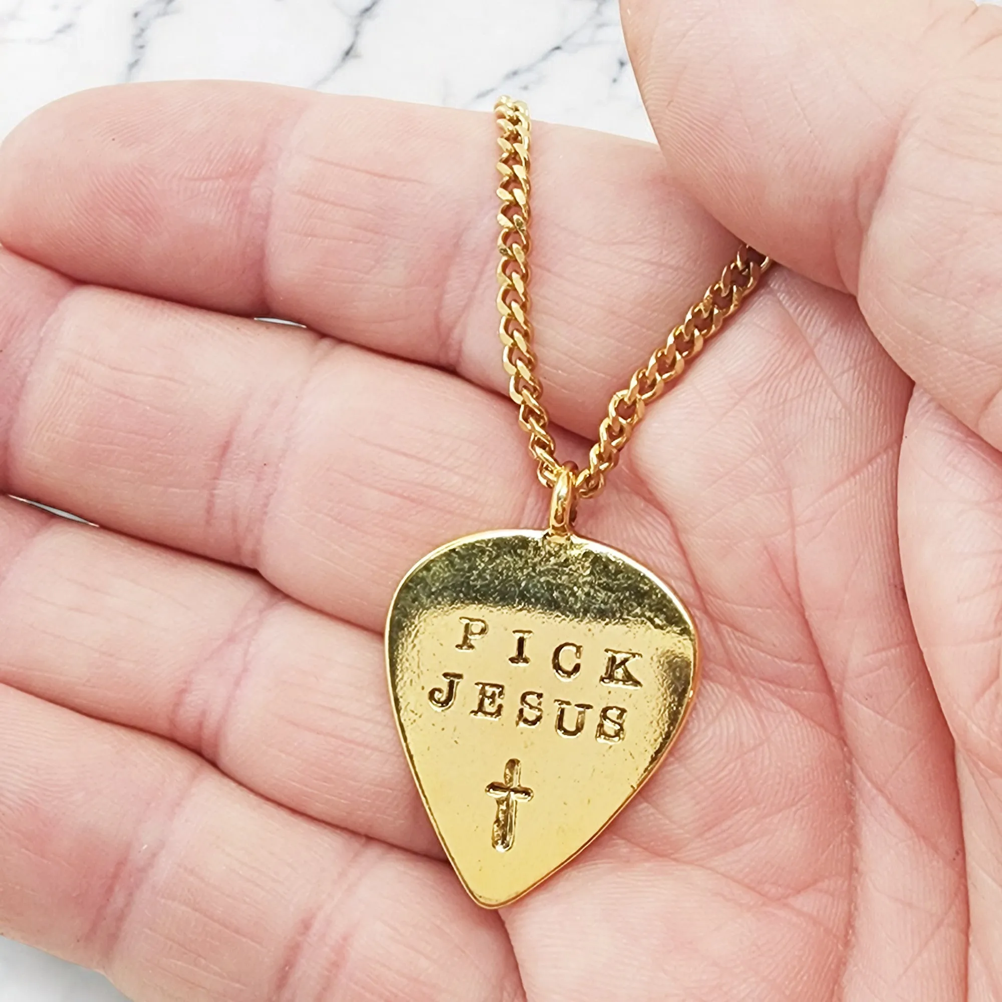 Pick Jesus Cross Gold Metal Finish Guitar Pick Pendant Gold Finish Chain Necklace