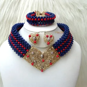 PrestigeApplause Blue infused with Red African Choker Coral Bead Necklace Jewellery Set