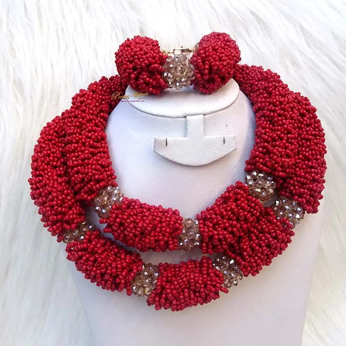 PrestigeApplause Elegant Dark Red Bridal African Nigerian Beads Jewellery Set UK