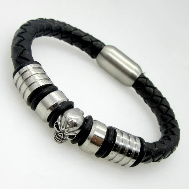 Punk Men Jewelry Pirate Style Silver Genuine Leather Skull Bracelets Magnet Wholesale Cuff Braided Wrap Black