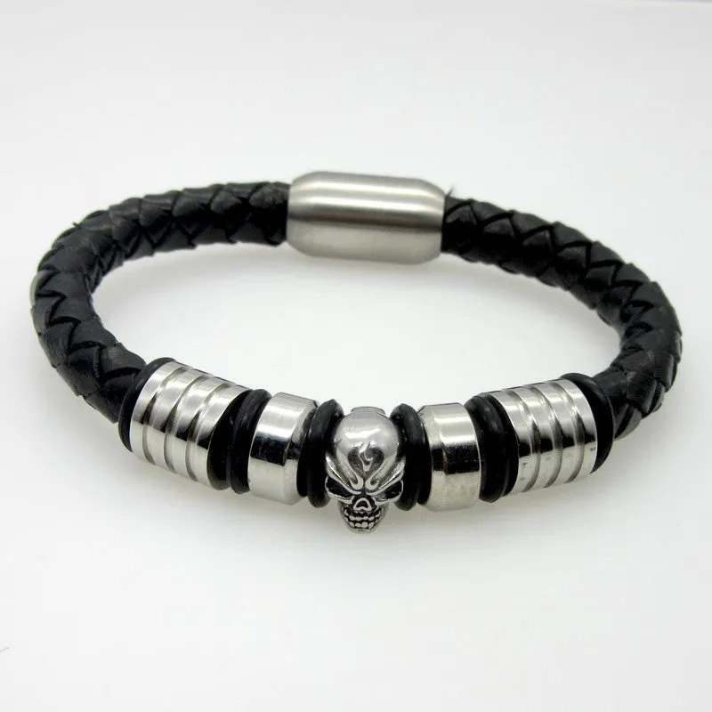 Punk Men Jewelry Pirate Style Silver Genuine Leather Skull Bracelets Magnet Wholesale Cuff Braided Wrap Black