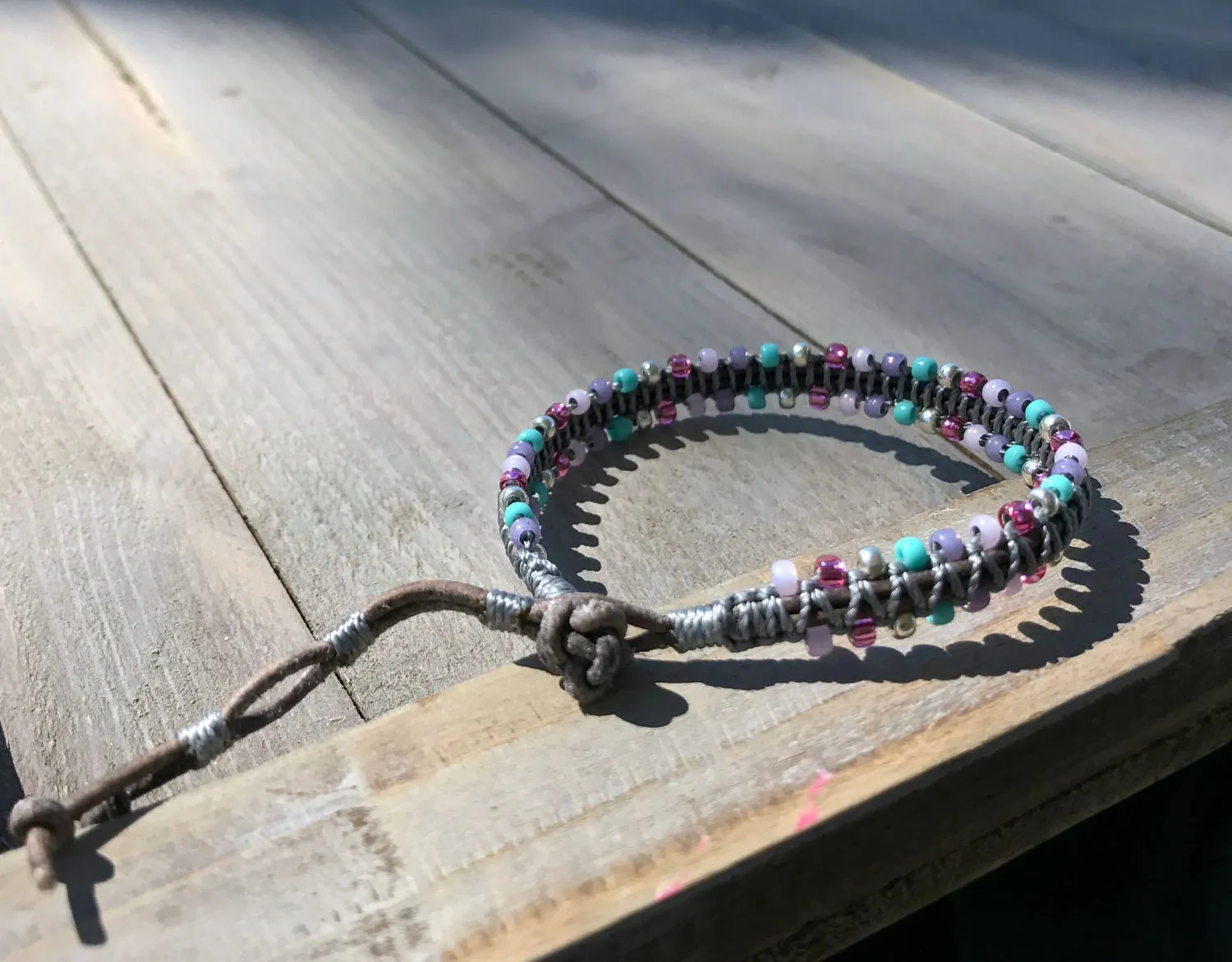 Purple Aqua and Pink Side beaded Macrame Woven Leather Stack bracelet