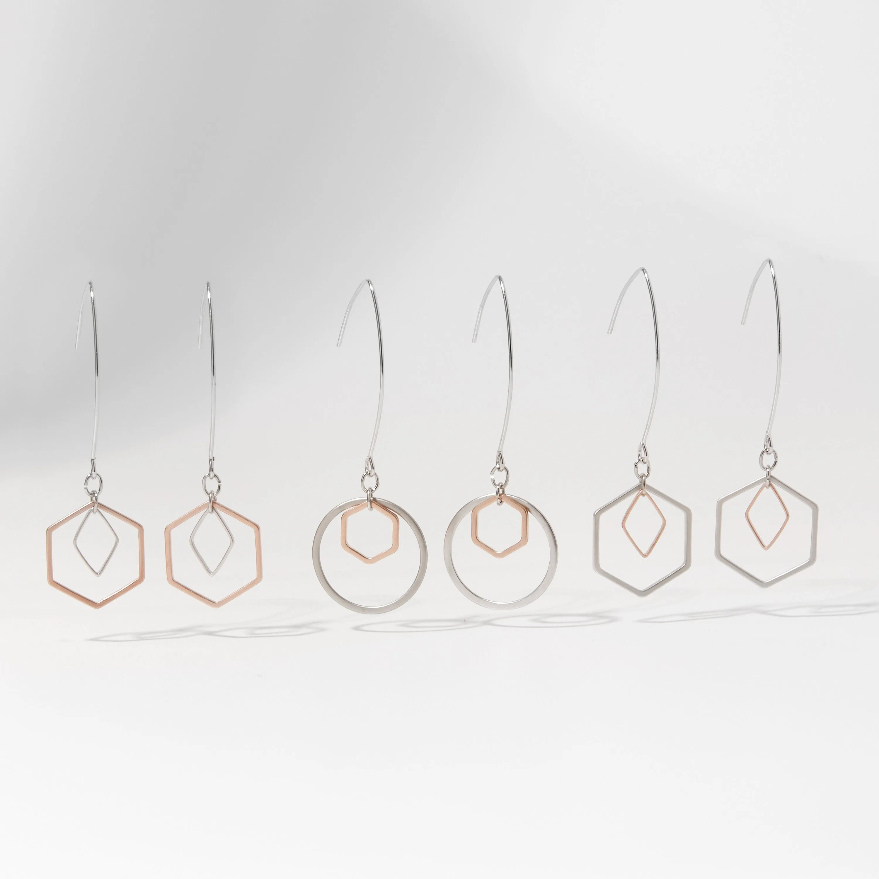 "Le Contour" Rose Gold & Silver Hexagon Earrings - I