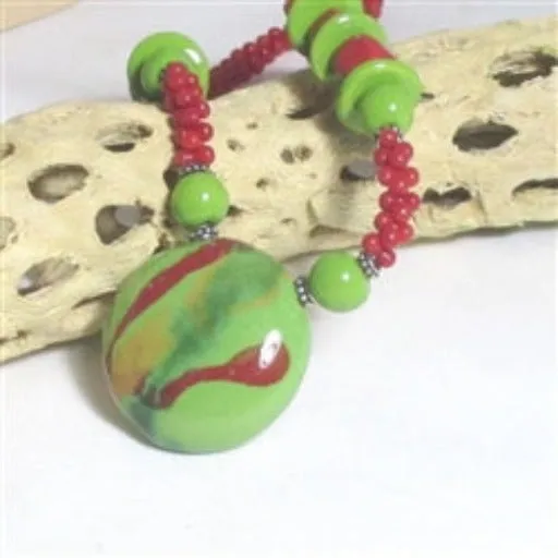 Red & Green Handmade Kazuri Bead Pendant Necklace