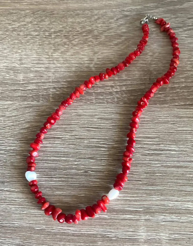 Red coral necklace with white hearts