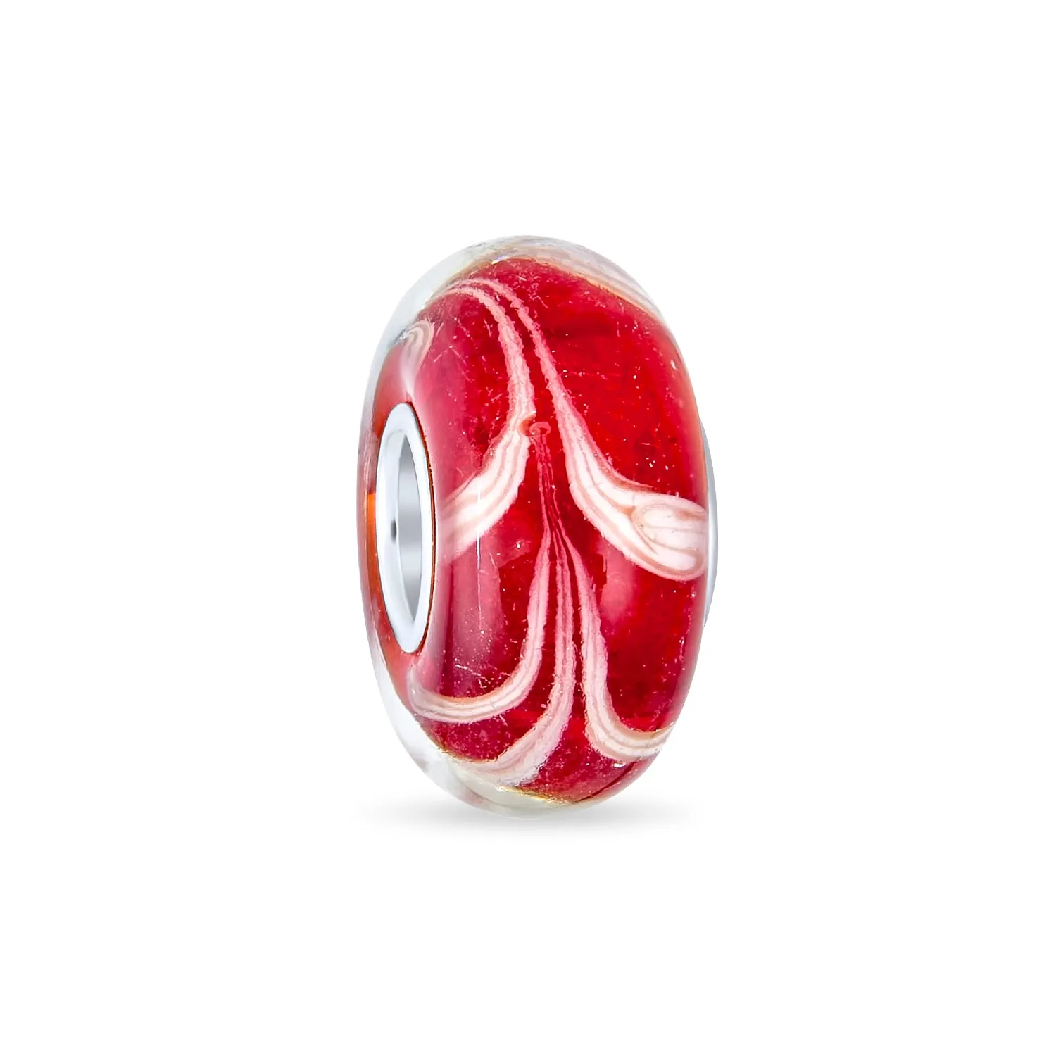 Red White Vine Murano Glass Charm Bead with Sterling Silver Core for Bracelets