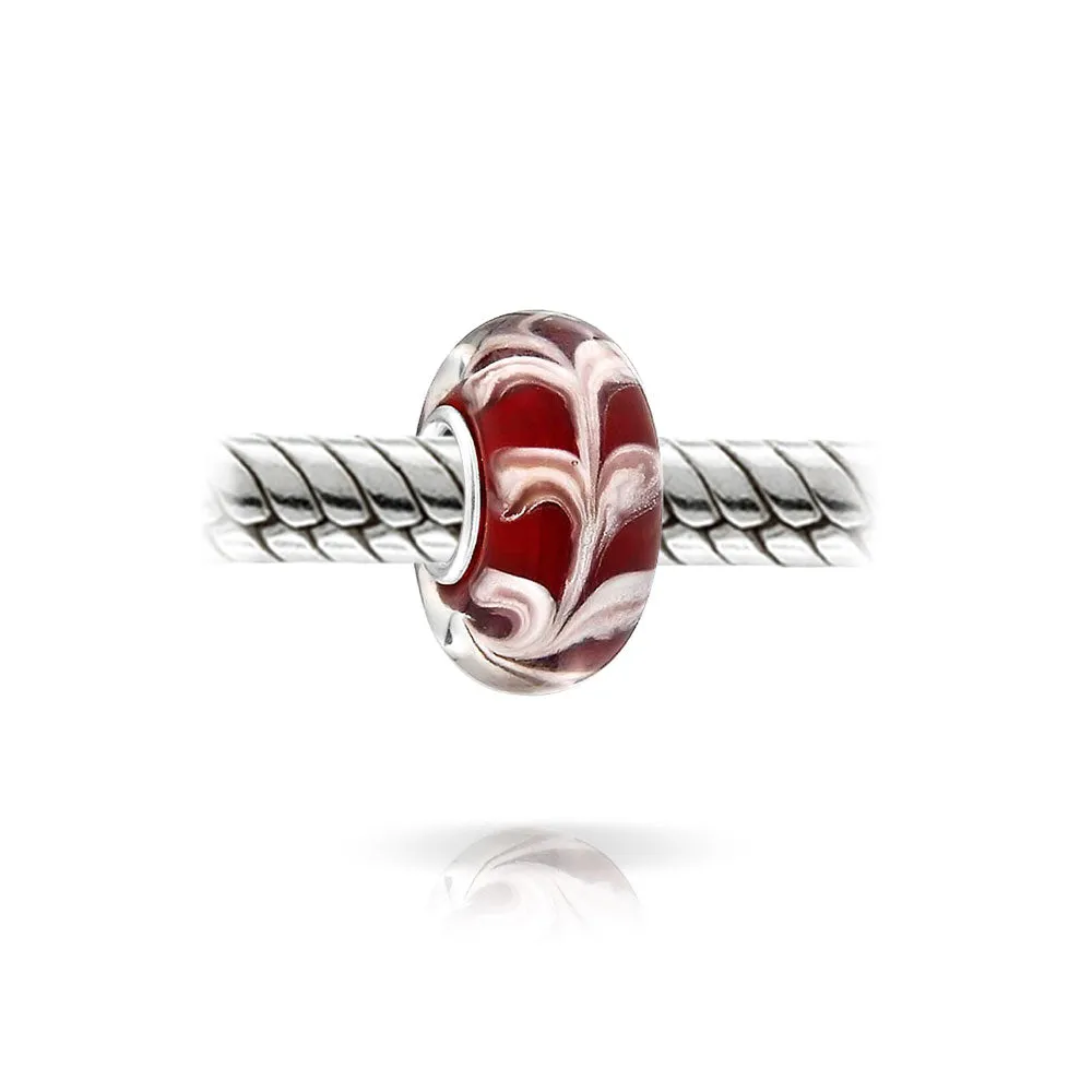 Red White Vine Murano Glass Charm Bead with Sterling Silver Core for Bracelets