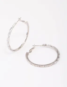 Rhodium Tapered Baguette Hoop Earrings