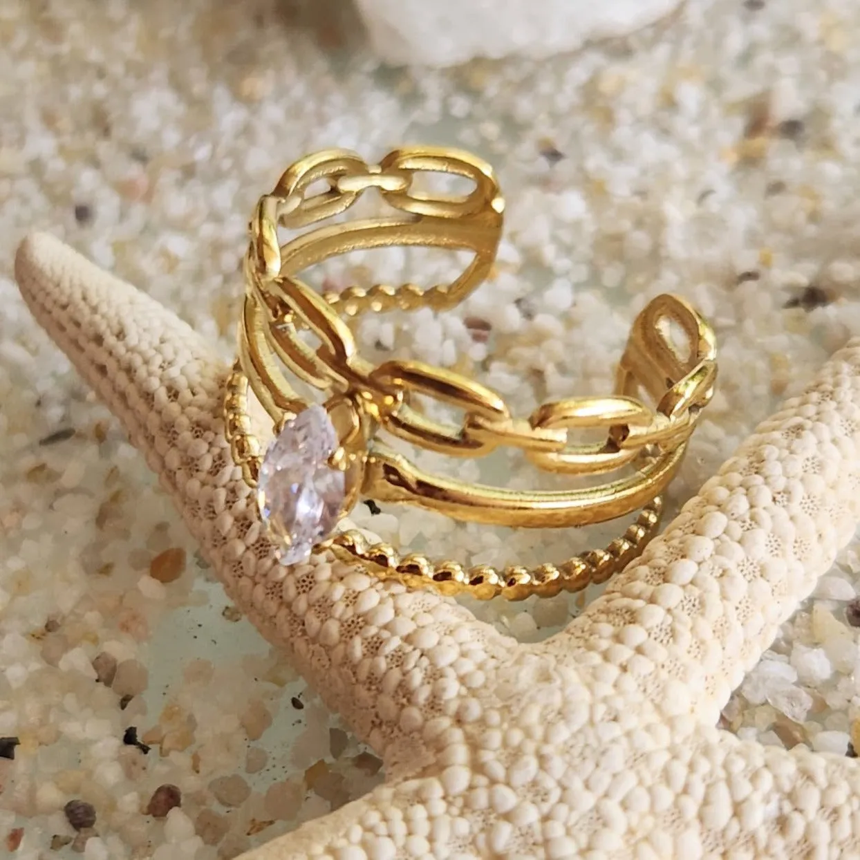 RING CHAIN  - ADJUSTABLE CUBIC ZIRCONIA WATERPROOF GOLD RING