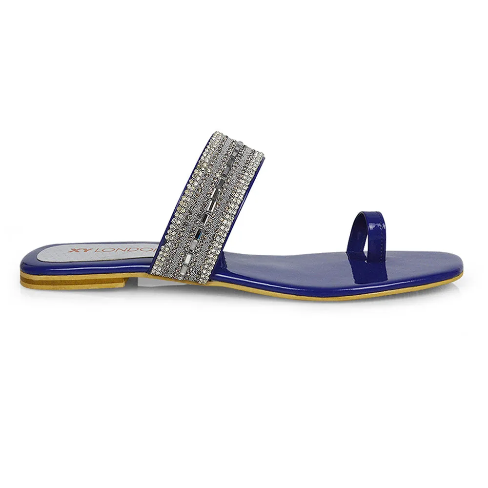 Rogan Strappy Slip on Toe Post Ring Diamante Flat Sandal Sliders in Navy