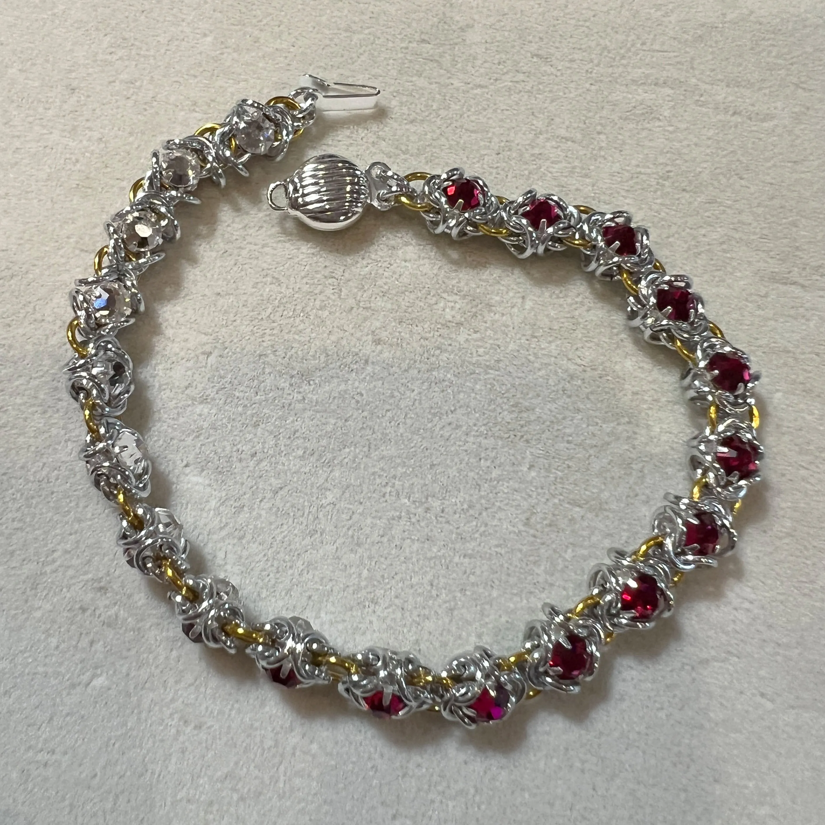 Rose Montee Reversible Byzantine Bracelet Kit with Video Class - Silver Ruby Crystal and Gold