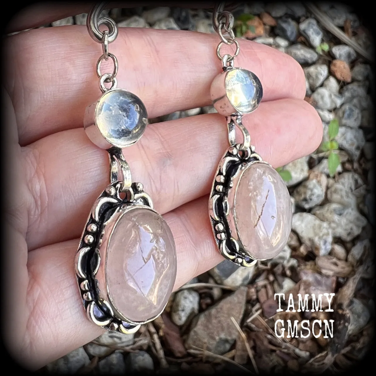 Rose quartz and moonstone gauged earrings