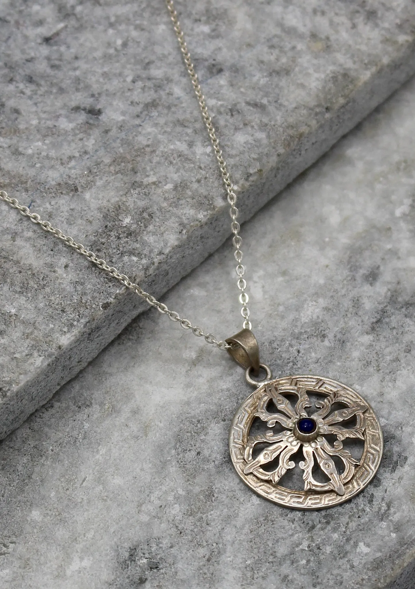 Round Double Dorjee Inlaid Sterling Silver Pendant